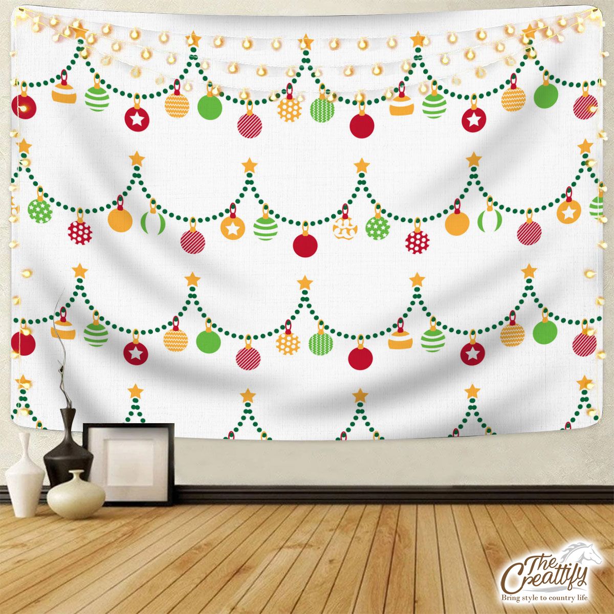 Red Green And White Christmas Light, Christmas Ball Tapestry
