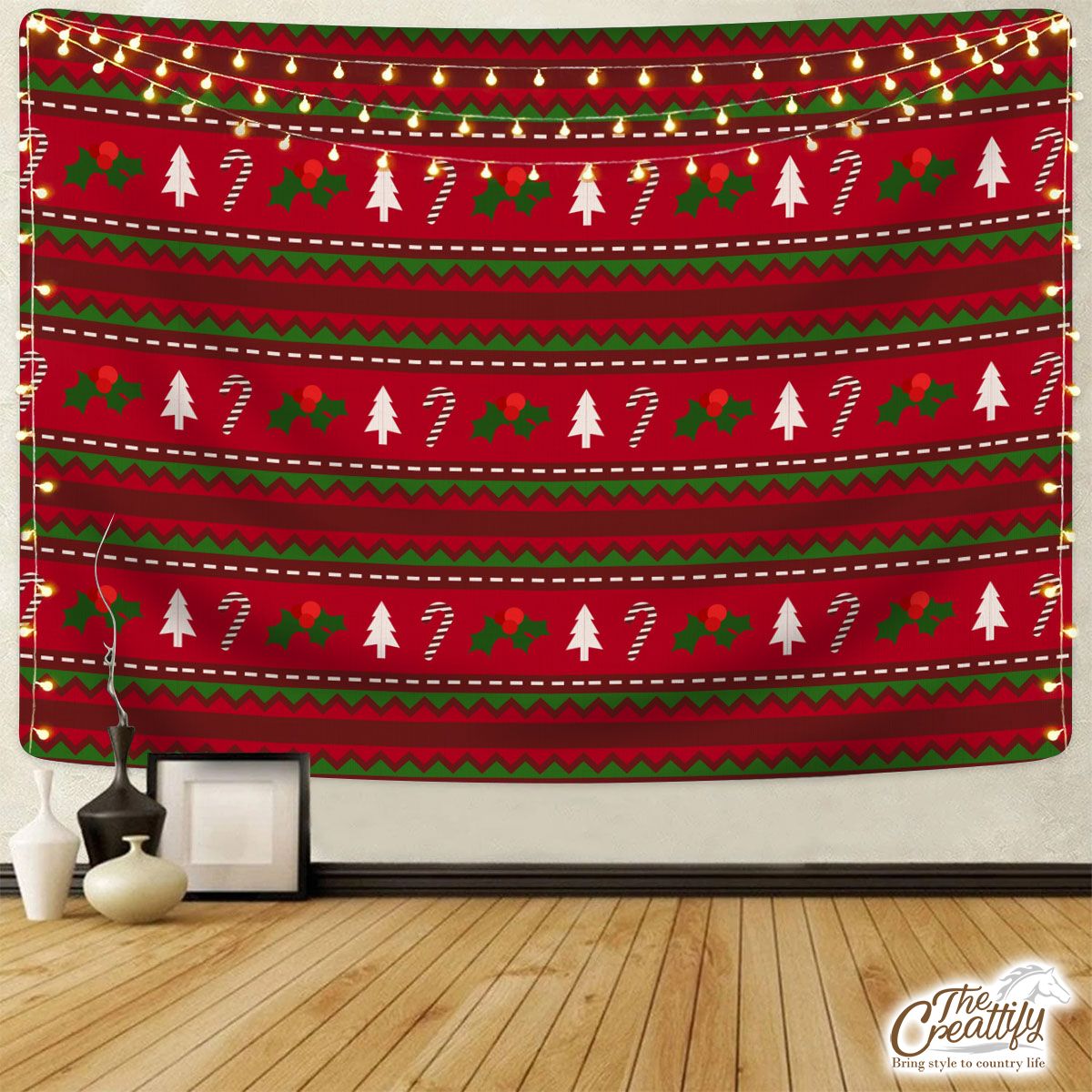 Red Green And White Christmas Tree, Holly Leaf With Candy Cane.jpg Tapestry