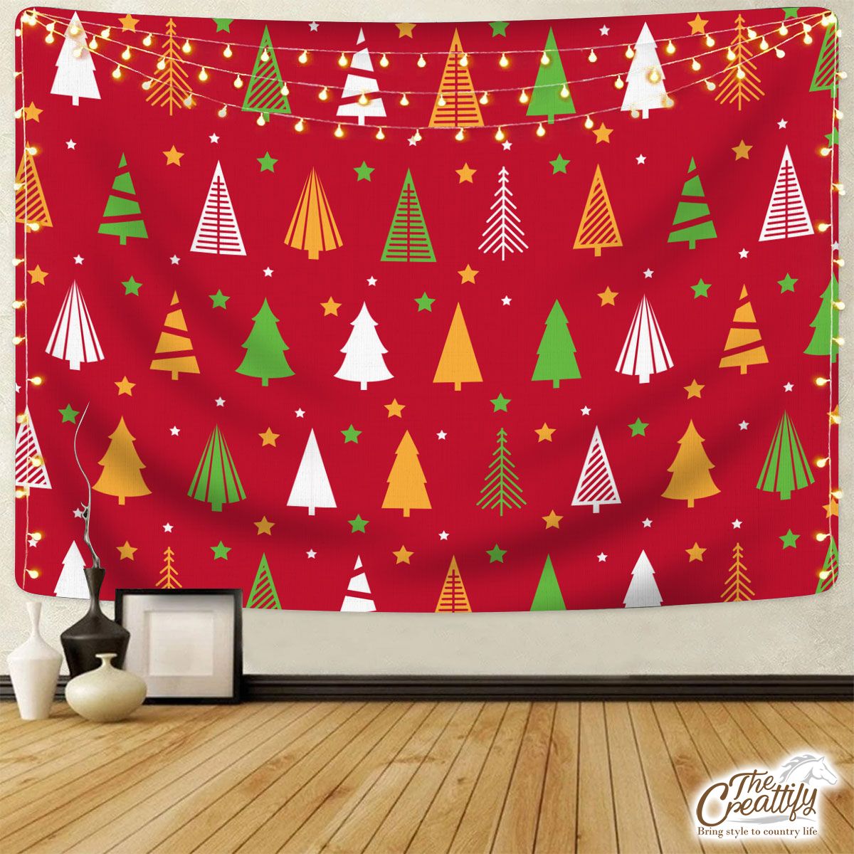 Red Green And White Christmas Tree With Star Tapestry