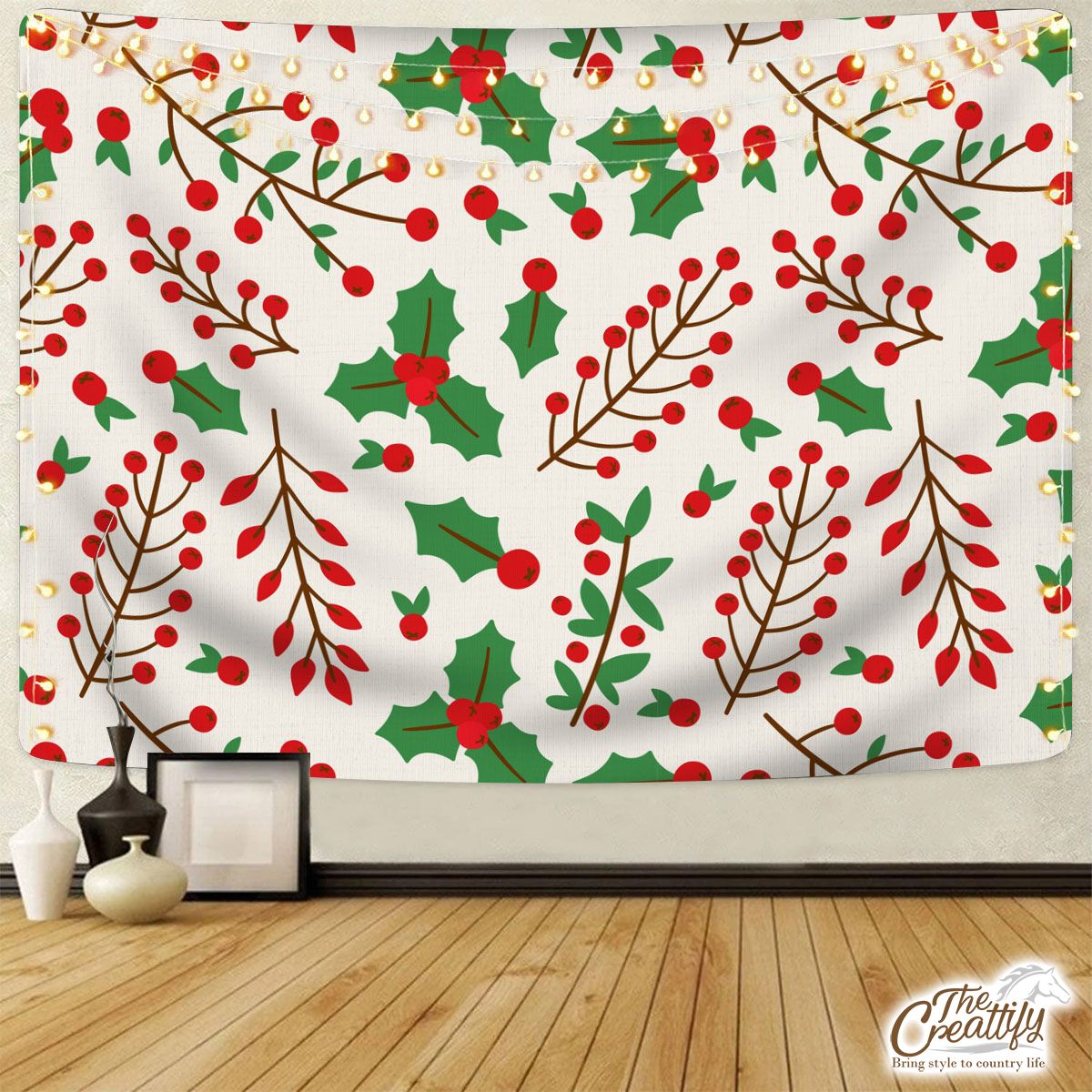 Red Green And White Cranberry Branch With Holly Leaf Tapestry