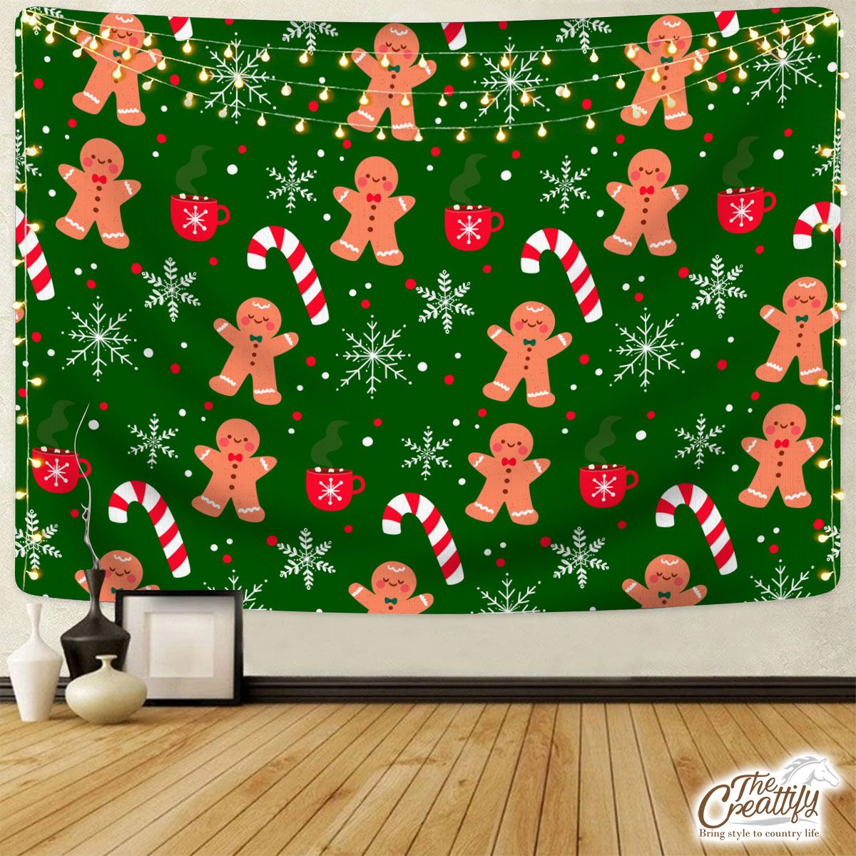 Red Green And White Gingerbread Man, Candy Cane With Snowflake Tapestry