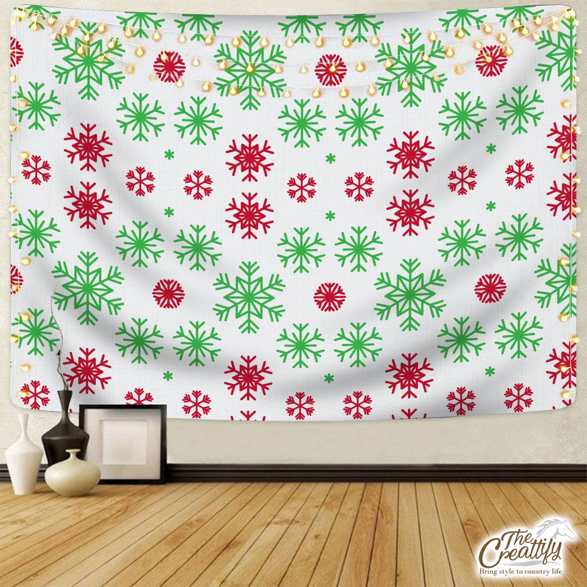 Red Green And White Snowflake Tapestry