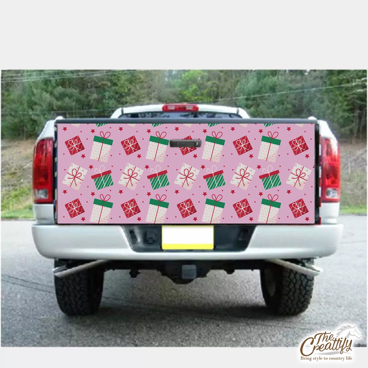 Red Green And White Christmas Gift On Pink Background Truck Bed Decal