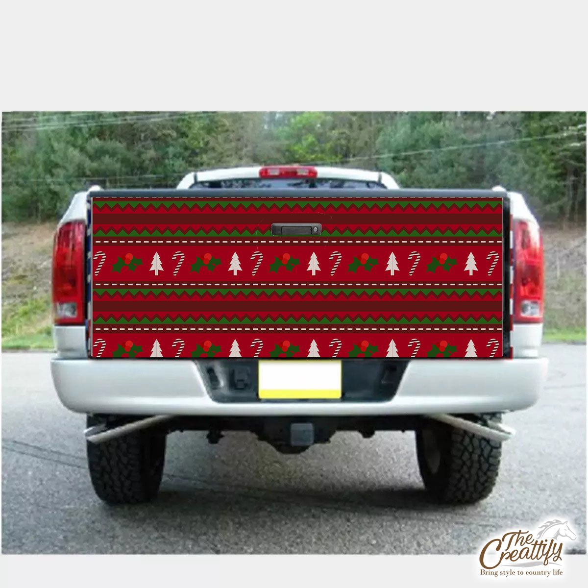 Red Green And White Christmas Tree, Holly Leaf With Candy Cane.jpg Truck Bed Decal
