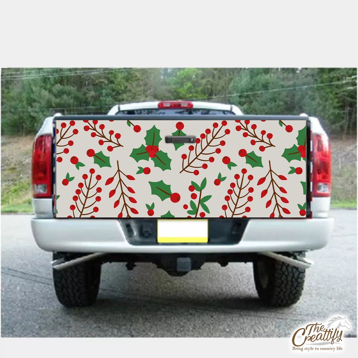 Red Green And White Cranberry Branch With Holly Leaf Truck Bed Decal