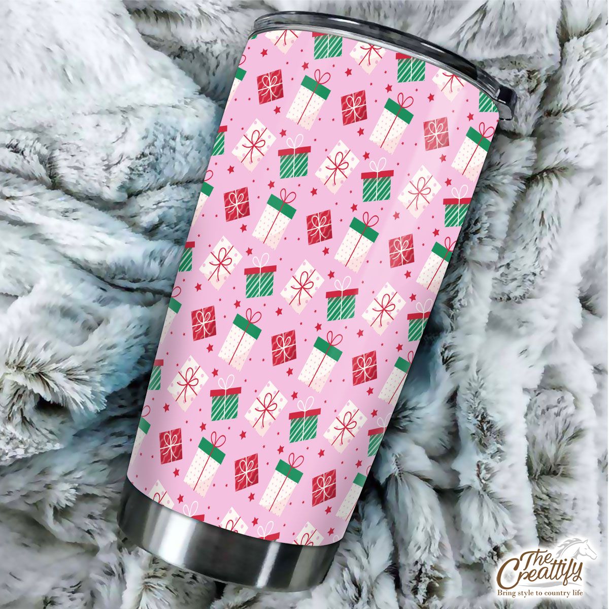 Red Green And White Christmas Gift On Pink Background Tumbler