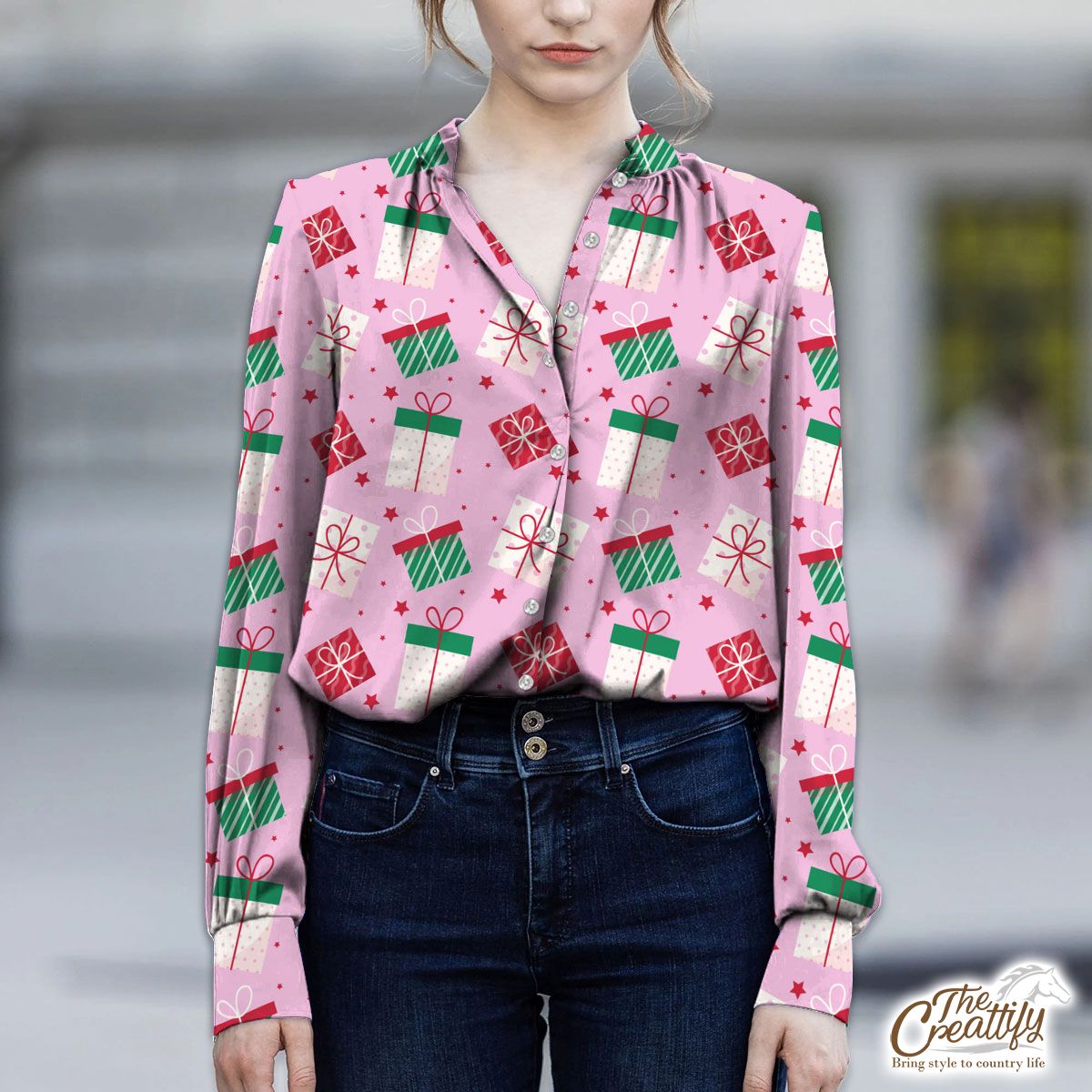 Red Green And White Christmas Gift On Pink Background V-Neckline Blouses