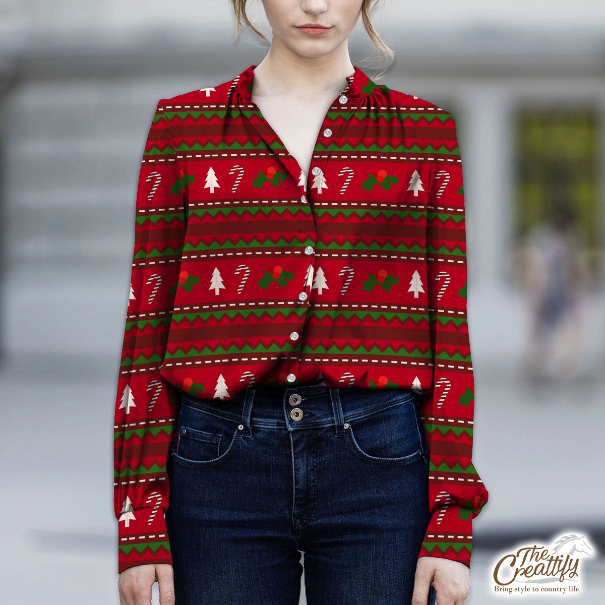 Red Green And White Christmas Tree, Holly Leaf With Candy Cane.jpg V-Neckline Blouses