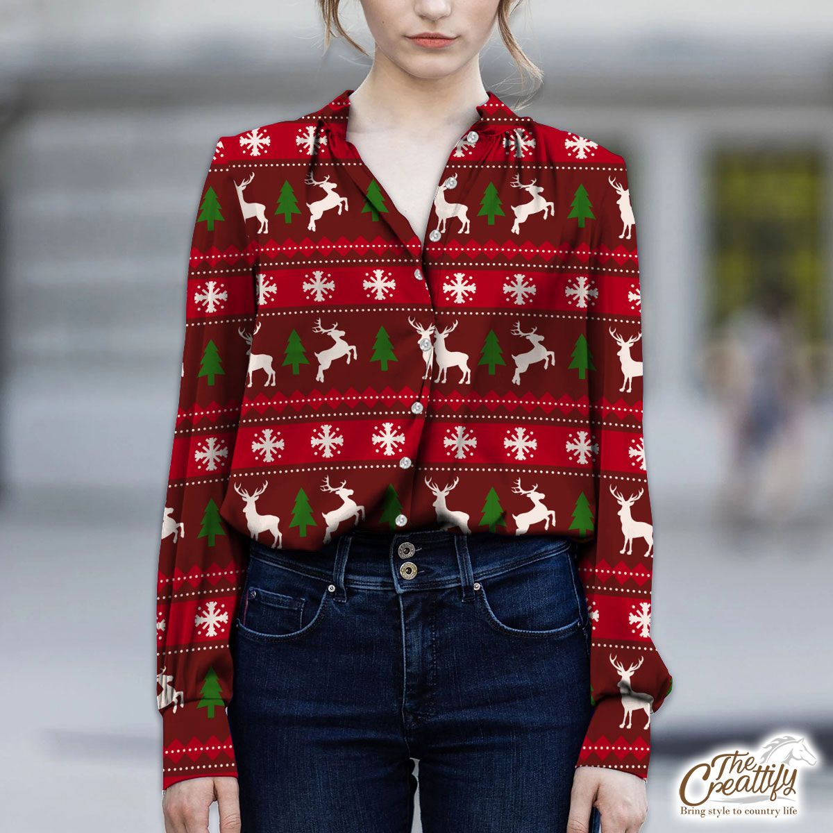 Red Green And White Christmas Tree, Reindeer With Snowflake V-Neckline Blouses