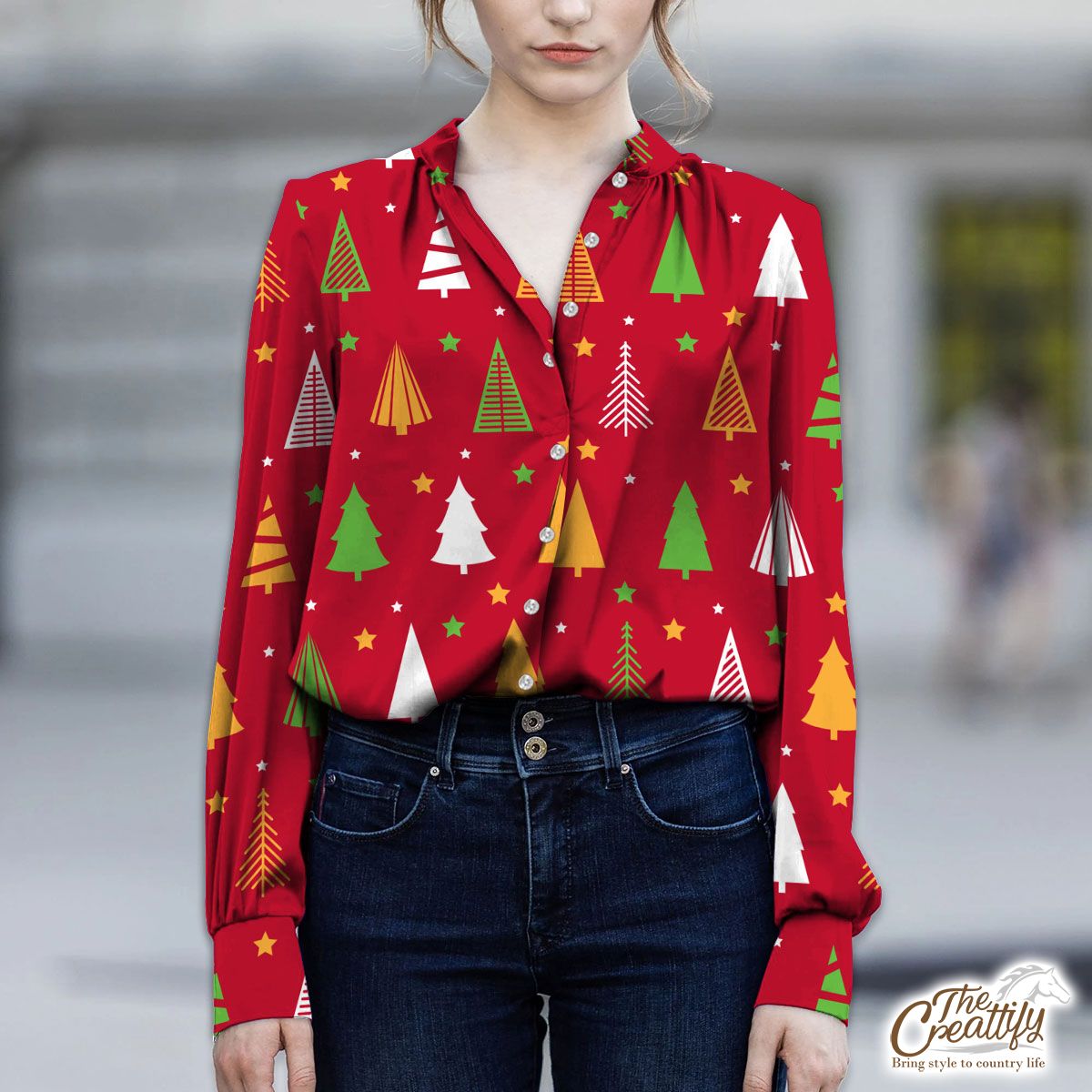 Red Green And White Christmas Tree With Star V-Neckline Blouses