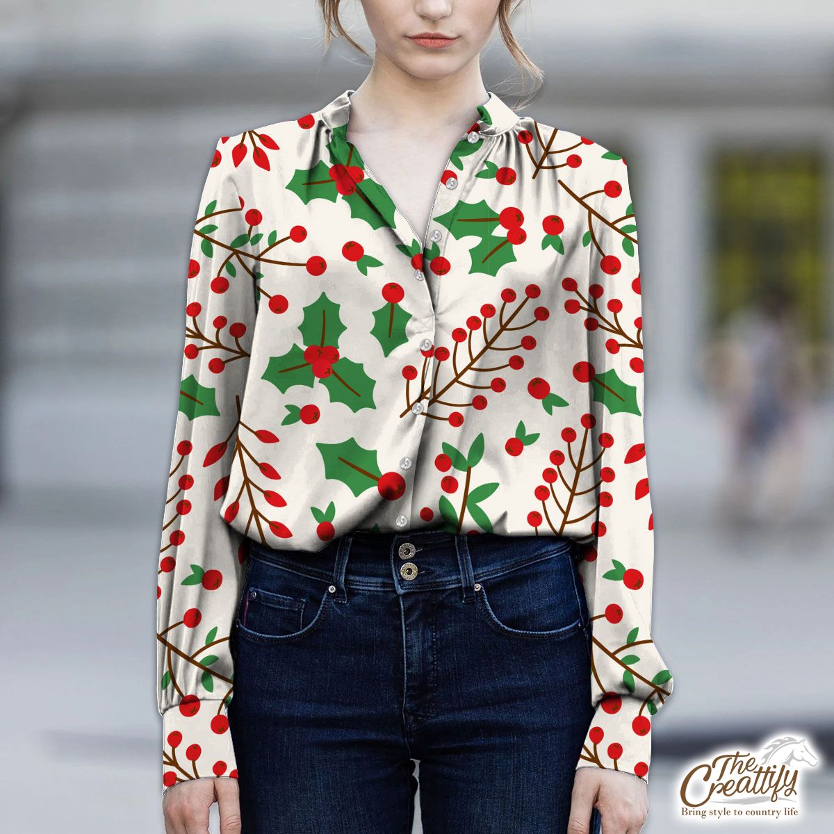 Red Green And White Cranberry Branch With Holly Leaf V-Neckline Blouses