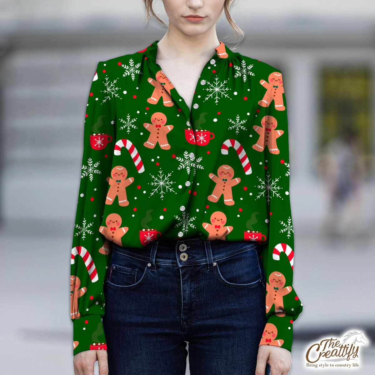 Red Green And White Gingerbread Man, Candy Cane With Snowflake V-Neckline Blouses