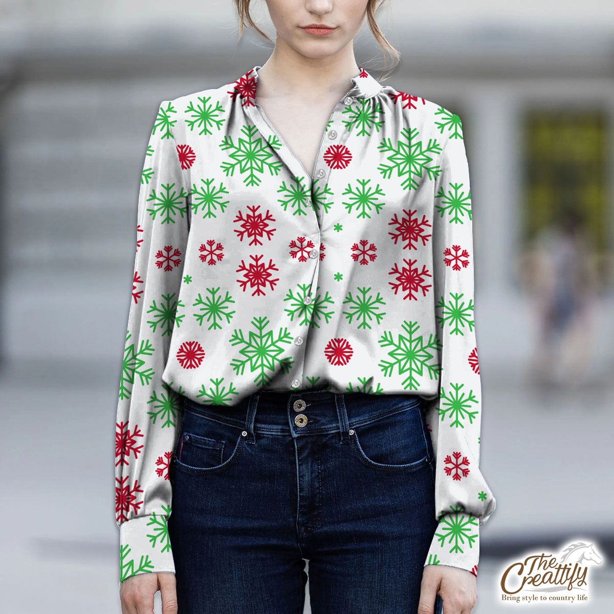 Red Green And White Snowflake V-Neckline Blouses