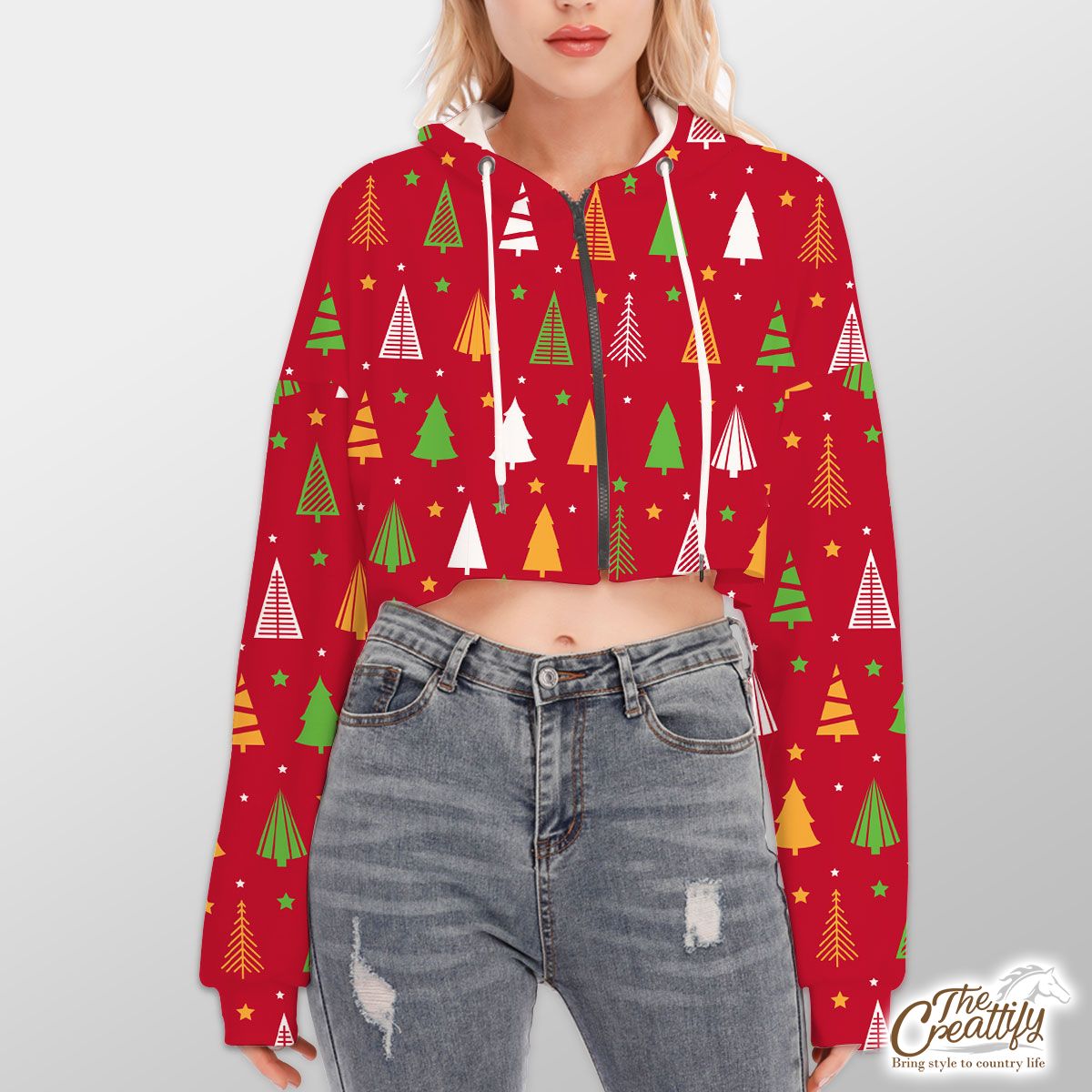 Red Green And White Christmas Tree With Star Hoodie With Zipper Closure