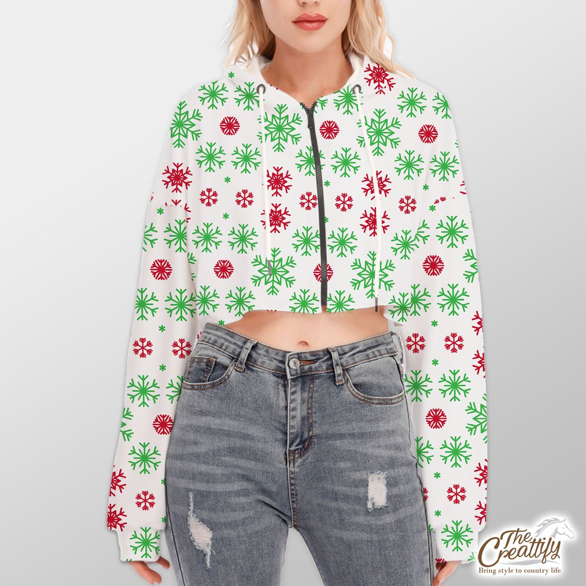 Red Green And White Snowflake Hoodie With Zipper Closure