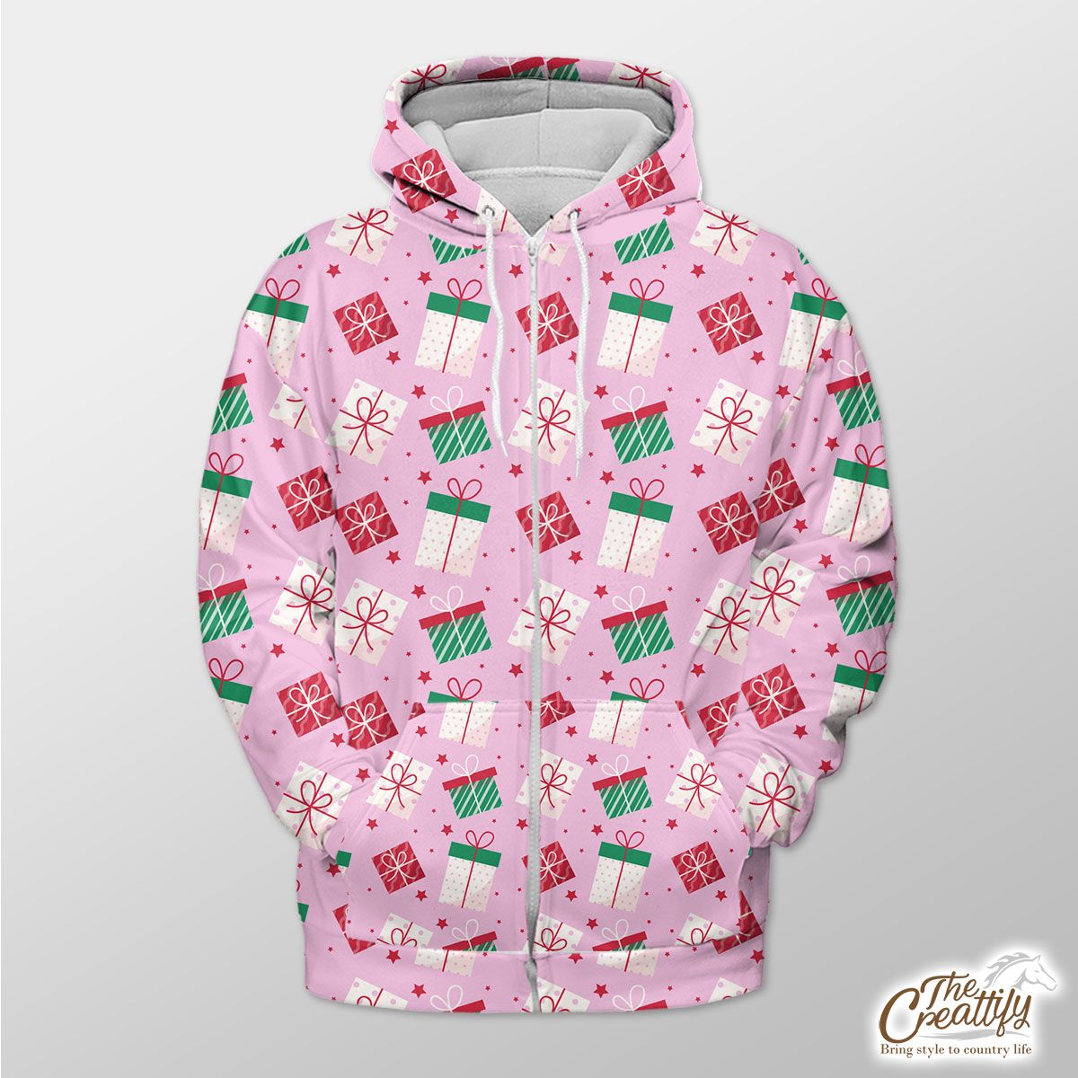 Red Green And White Christmas Gift On Pink Background Zip Hoodie