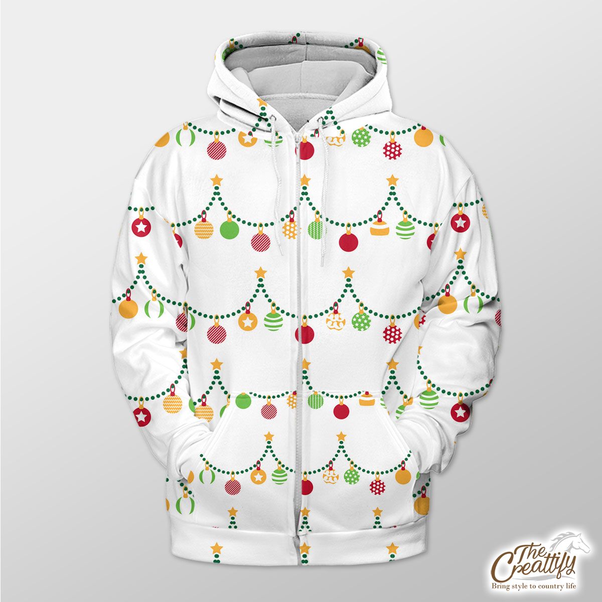 Red Green And White Christmas Light, Christmas Ball Zip Hoodie