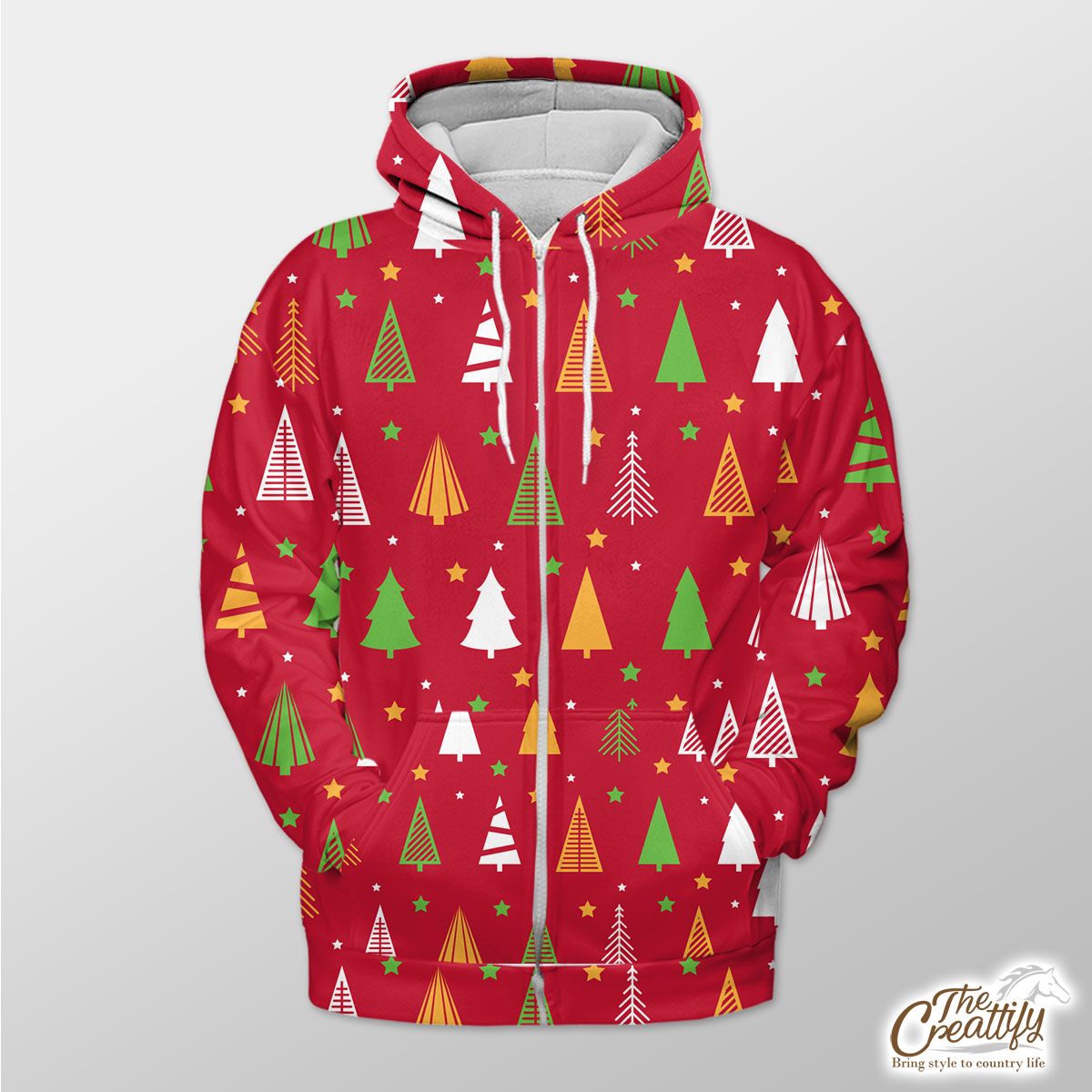 Red Green And White Christmas Tree With Star Zip Hoodie