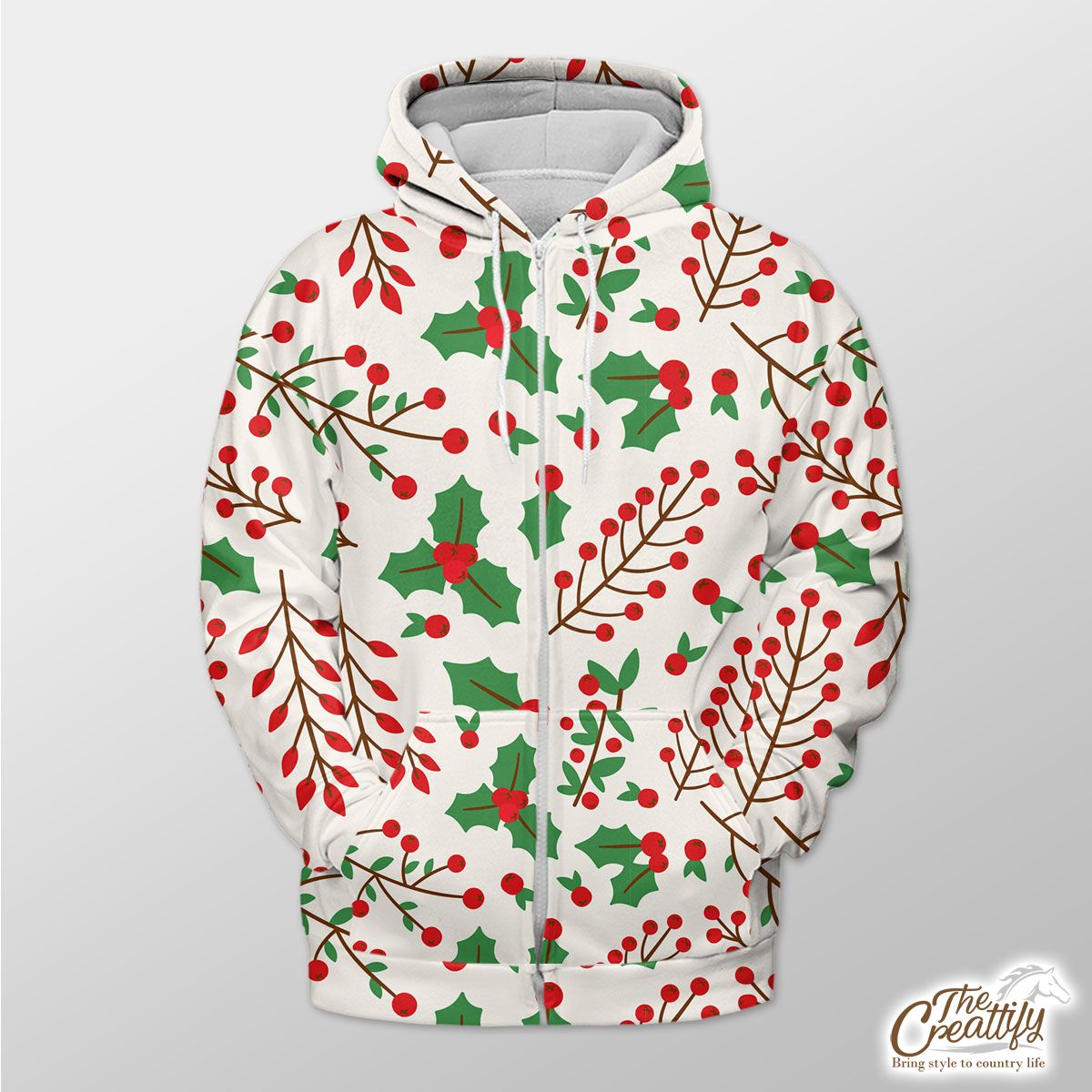 Red Green And White Cranberry Branch With Holly Leaf Zip Hoodie