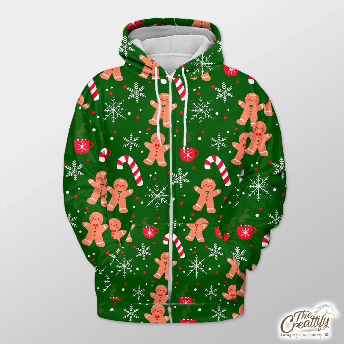 Red Green And White Gingerbread Man, Candy Cane With Snowflake Zip Hoodie