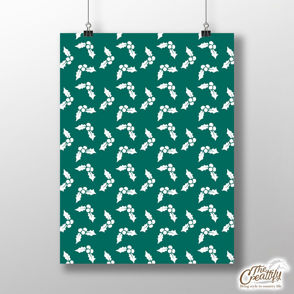 White And Dark Green Holly Leaf Christmas Poster