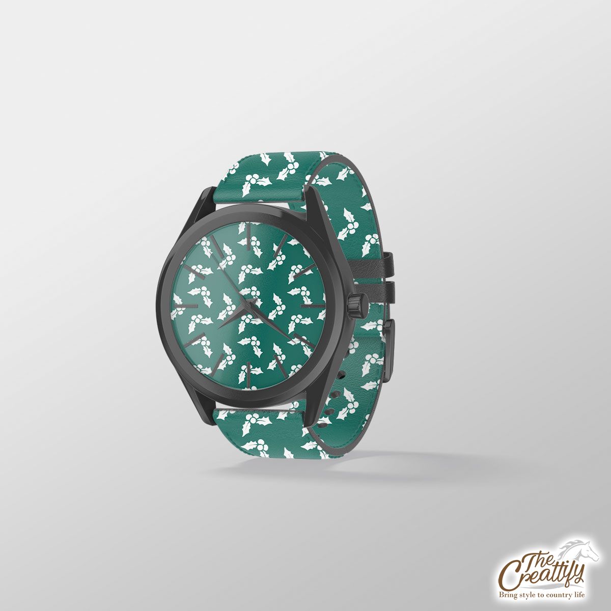 White And Dark Green Holly Leaf Christmas Print Watch