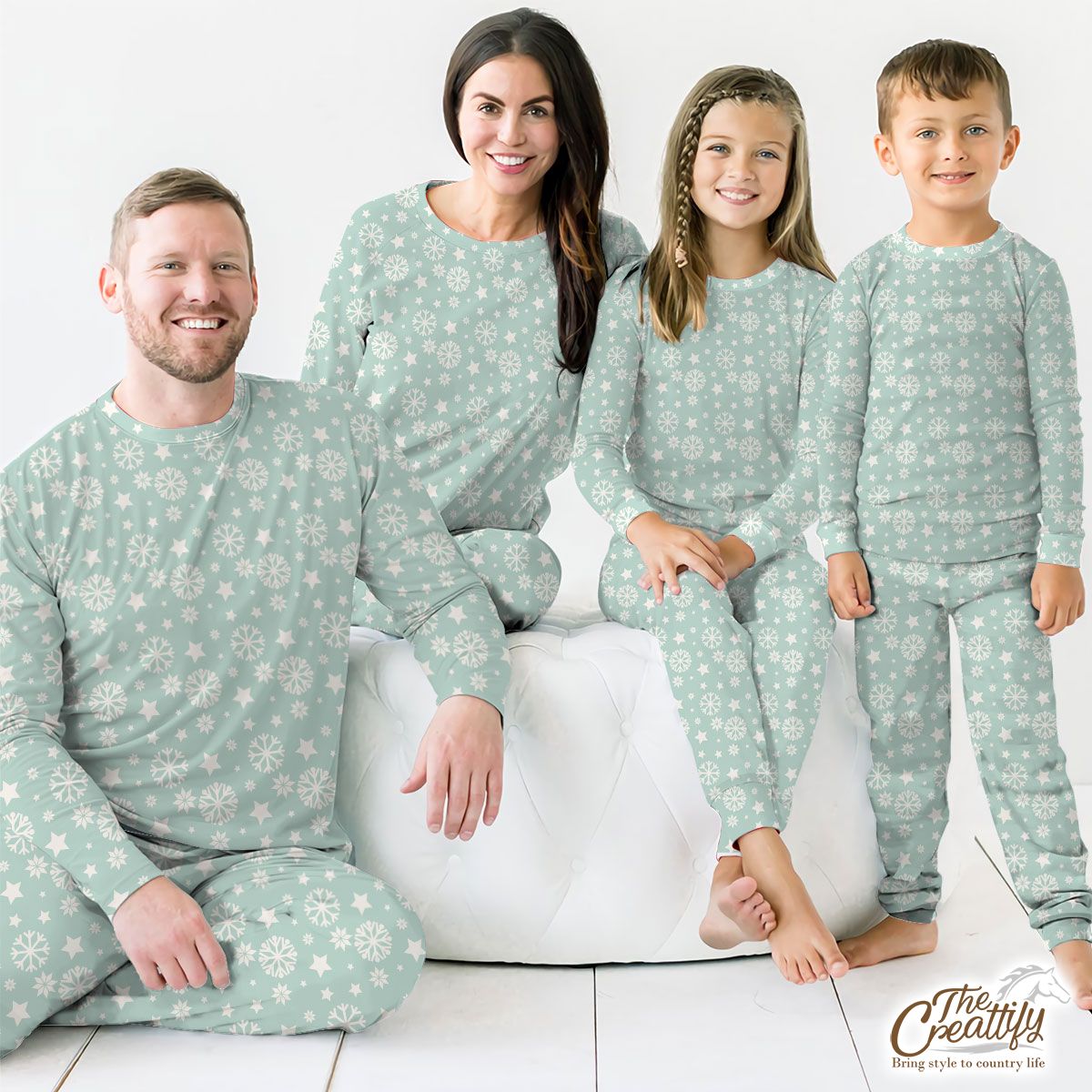 White And Light Green Snowflake And Christmas Stars Pajamas