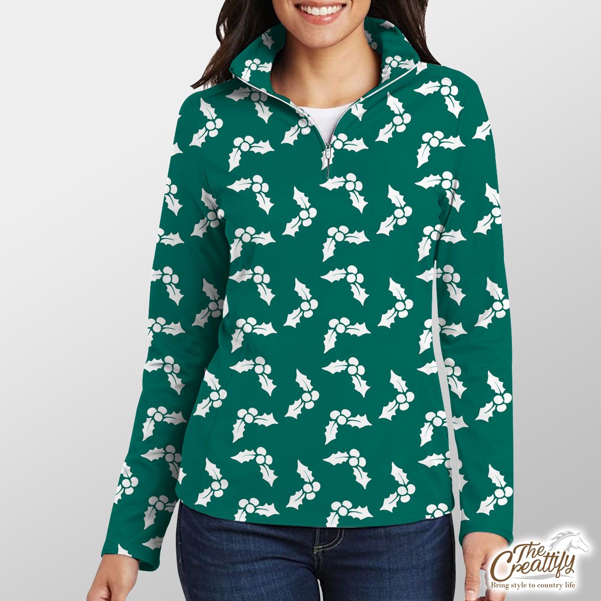 White And Dark Green Holly Leaf Christmas Quarter Zip Pullover