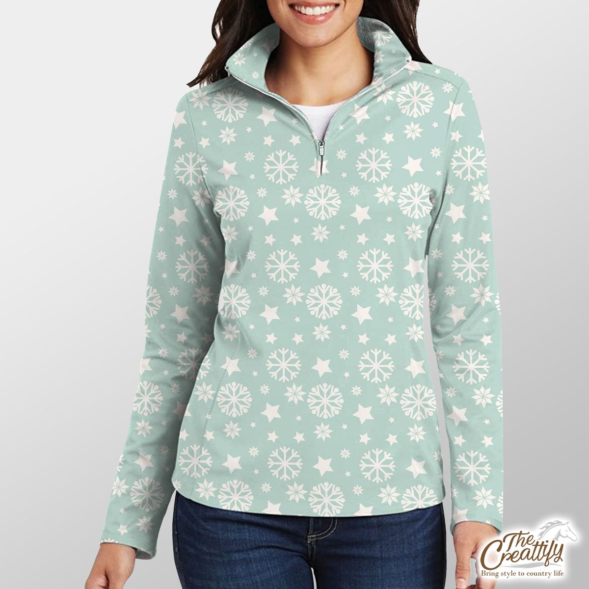 White And Light Green Snowflake And Christmas Stars Quarter Zip Pullover