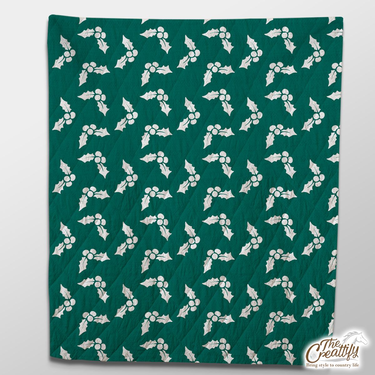 White And Dark Green Holly Leaf Christmas Quilt