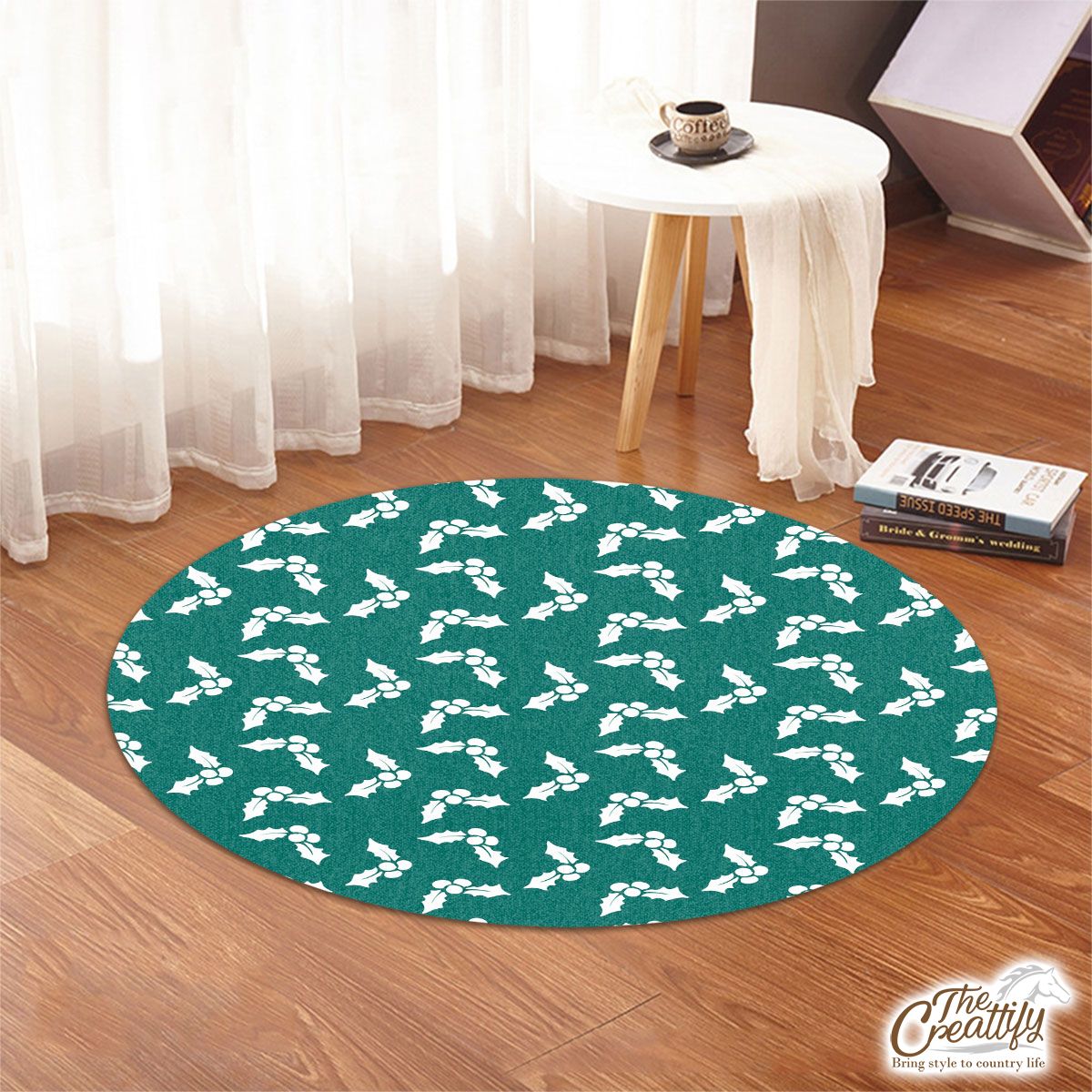 White And Dark Green Holly Leaf Christmas Round Rug