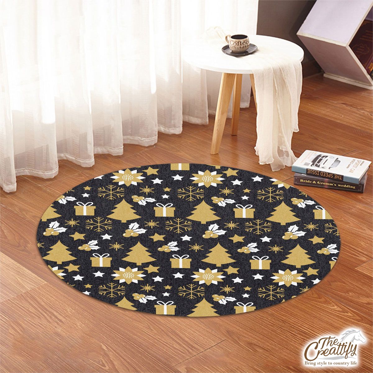 White And Gold Christmas Gift, Christmas Tree, Snowflake On Black Background Round Rug