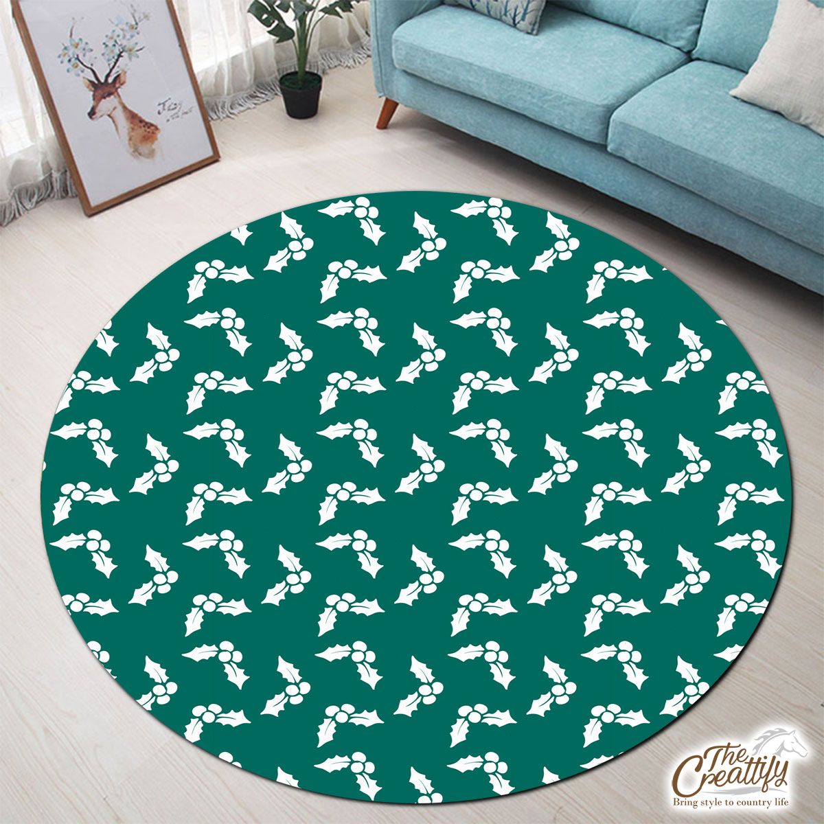 White And Dark Green Holly Leaf Christmas Round Carpet