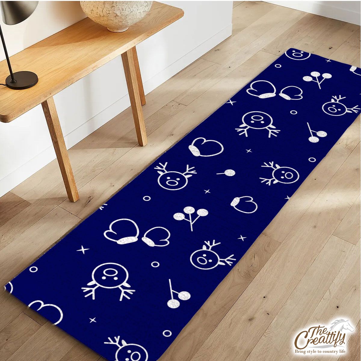 White And Blue Christmas Gloves And Reindeer Runner Carpet