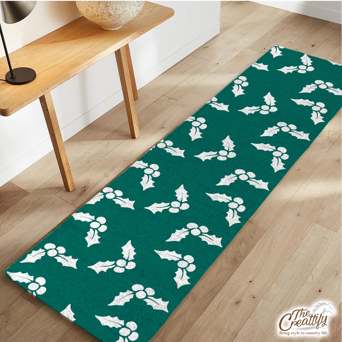 White And Dark Green Holly Leaf Christmas Runner Carpet