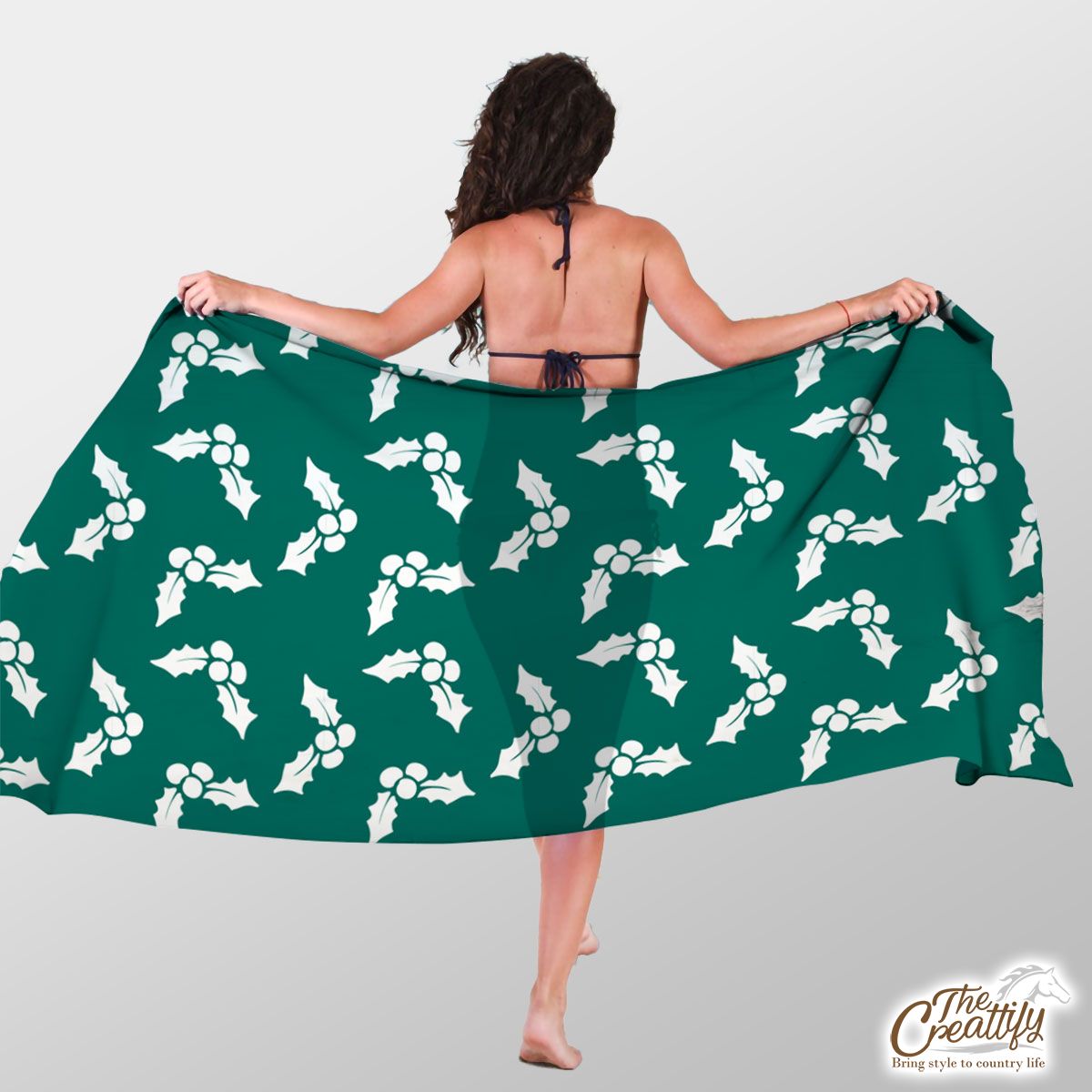 White And Dark Green Holly Leaf Christmas Sarong