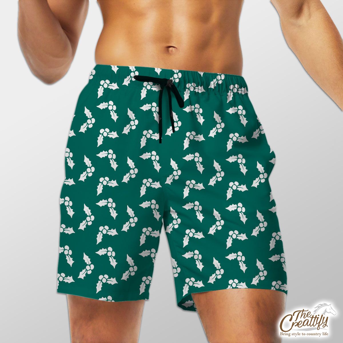 White And Dark Green Holly Leaf Christmas Shorts