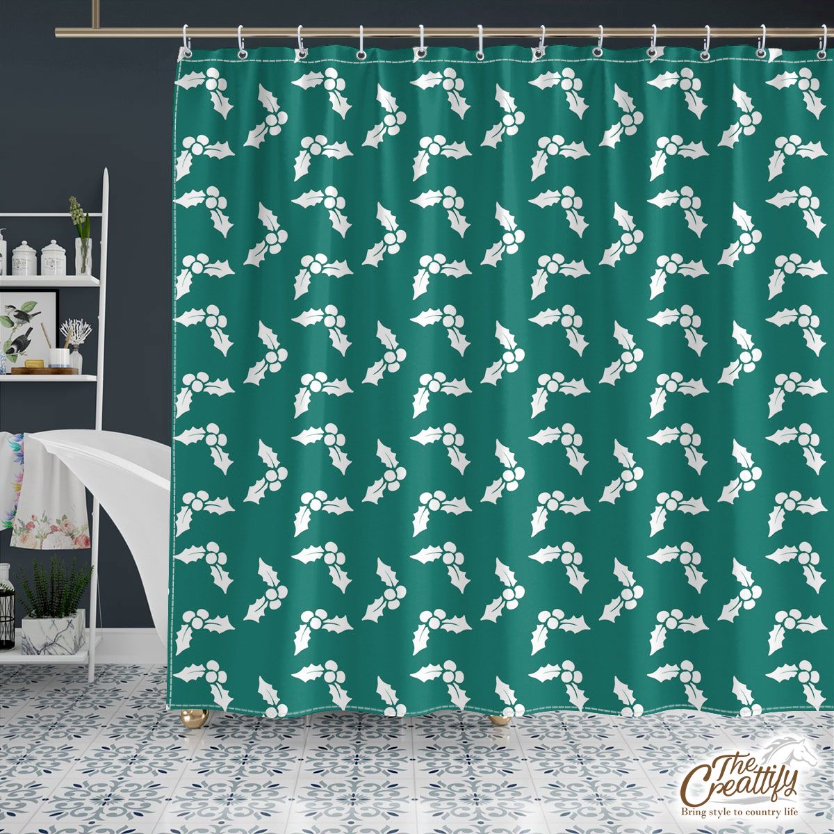 White And Dark Green Holly Leaf Christmas Shower Curtain