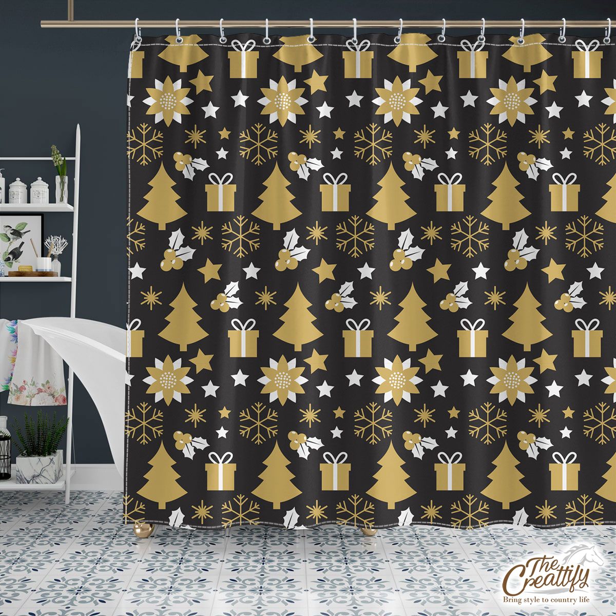 White And Gold Christmas Gift, Christmas Tree, Snowflake On Black Background Shower Curtain