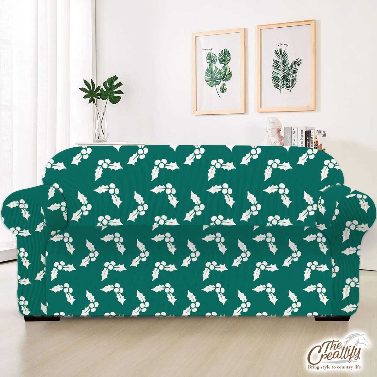 White And Dark Green Holly Leaf Christmas Sofa Cover