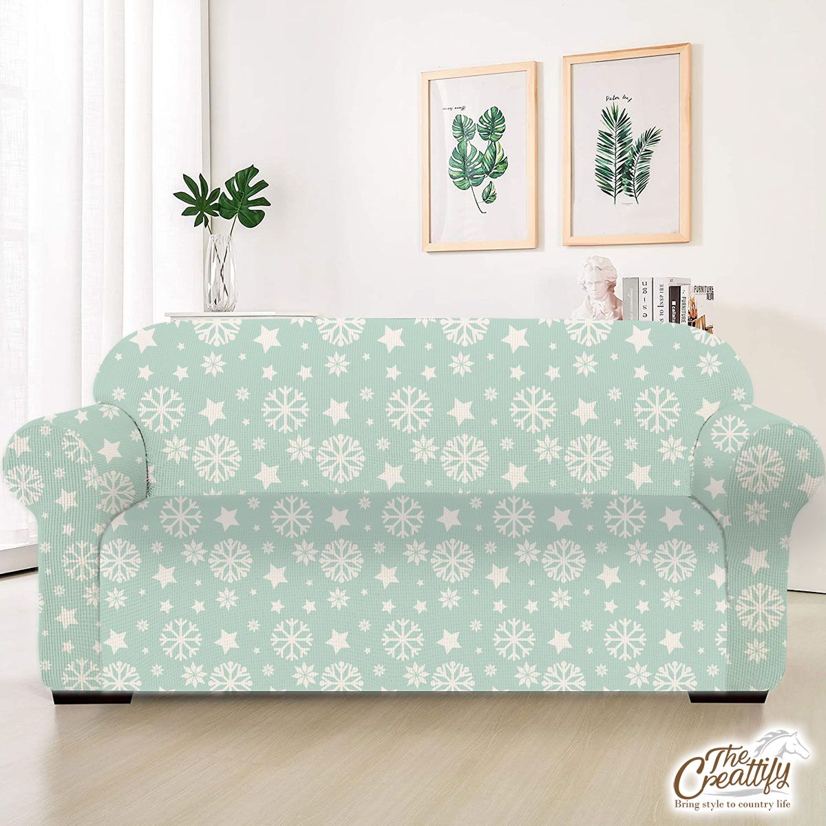 White And Light Green Snowflake And Christmas Stars Sofa Cover