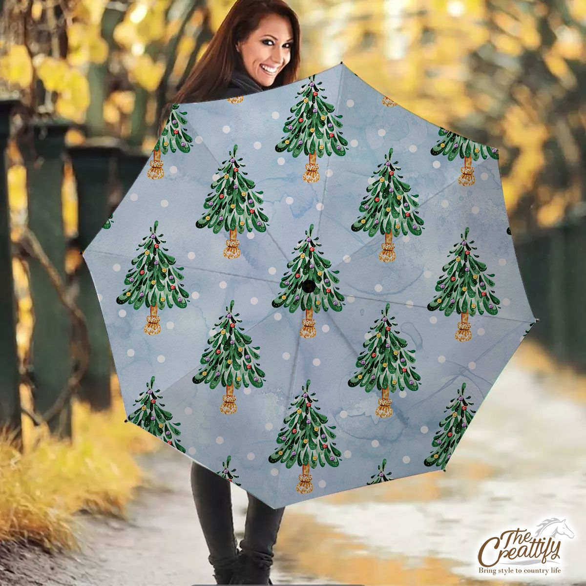 Pine Tree, Christmas Tree On Snowflake Background Umbrella