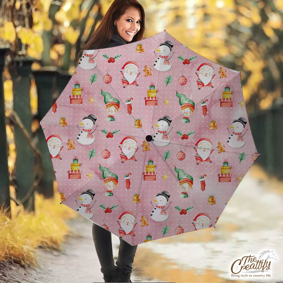 Santa Clause, Snowman And Christmas Elf With Christmas Gifts Umbrella