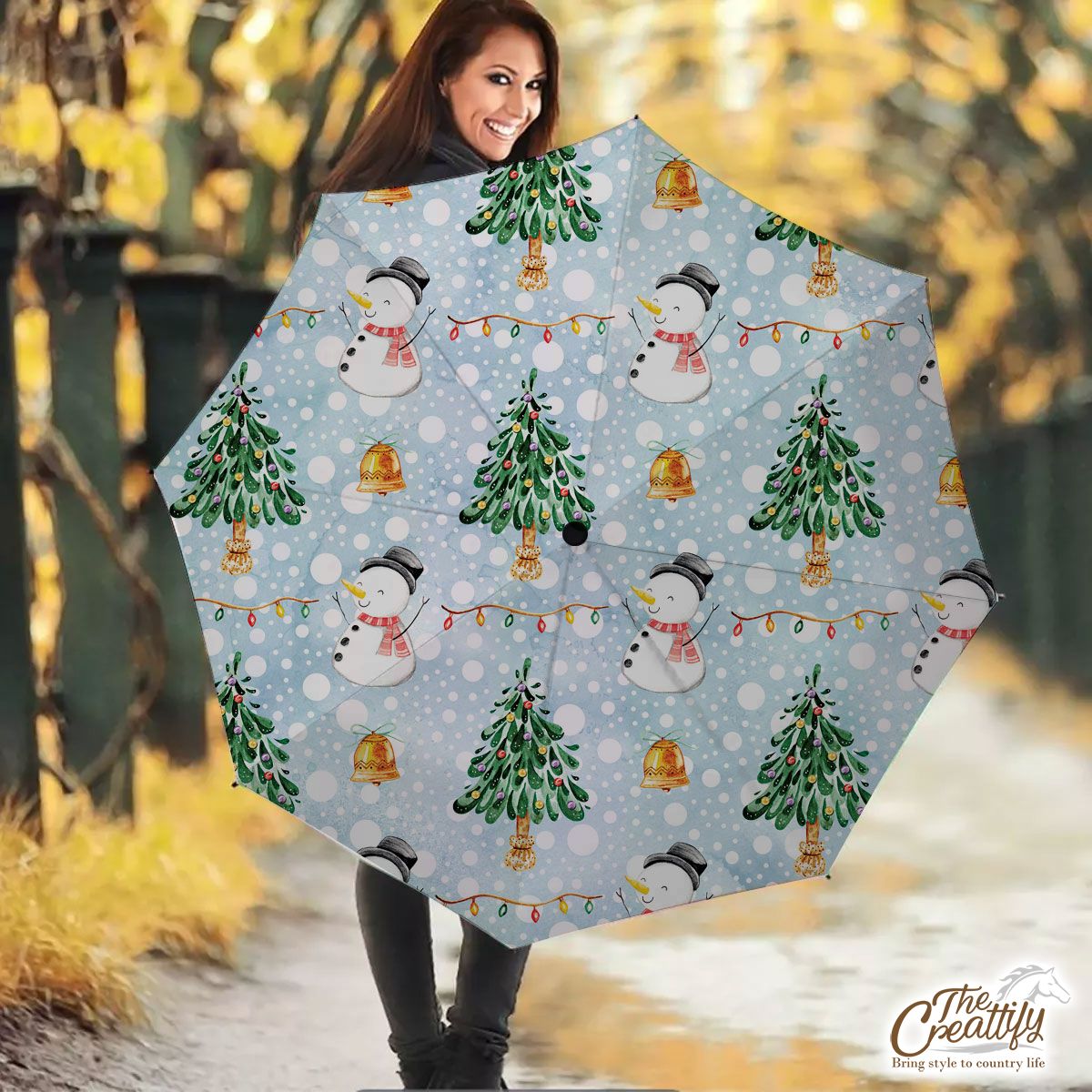 Snowman And Christmas Tree On Snowflake Background Umbrella