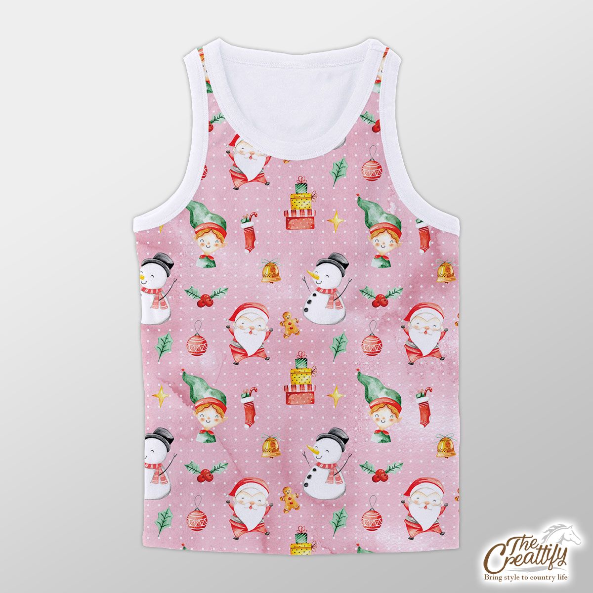 Santa Clause, Snowman And Christmas Elf With Christmas Gifts Unisex Tank Top