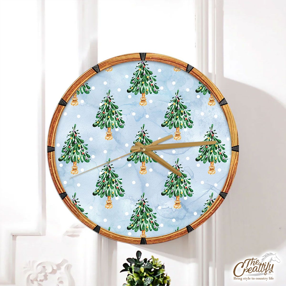 Pine Tree, Christmas Tree On Snowflake Background Wall Clock