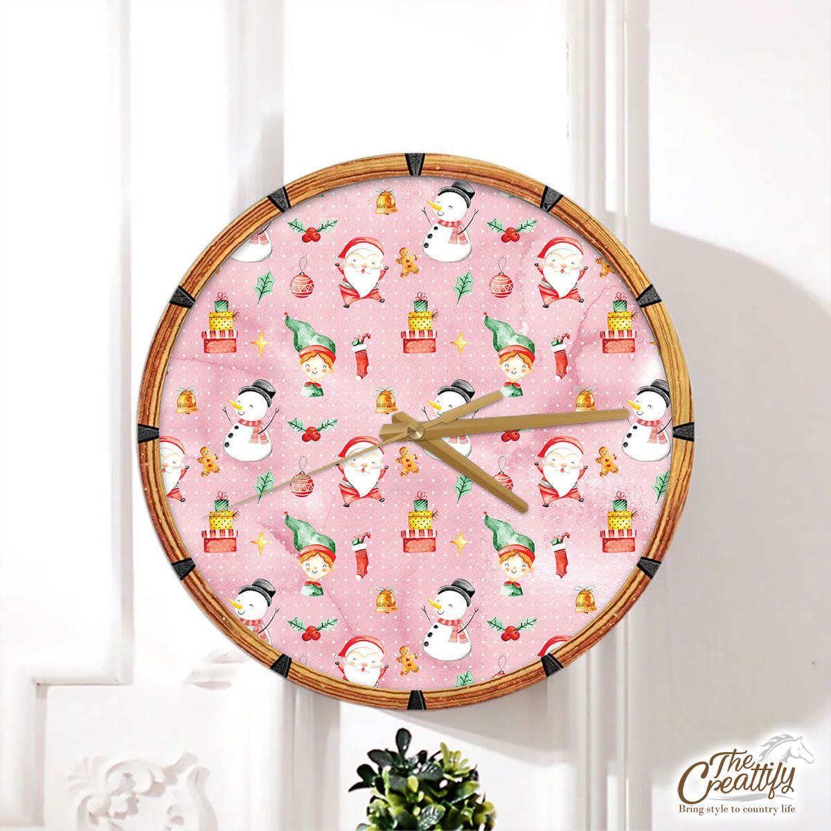 Santa Clause, Snowman And Christmas Elf With Christmas Gifts Wall Clock