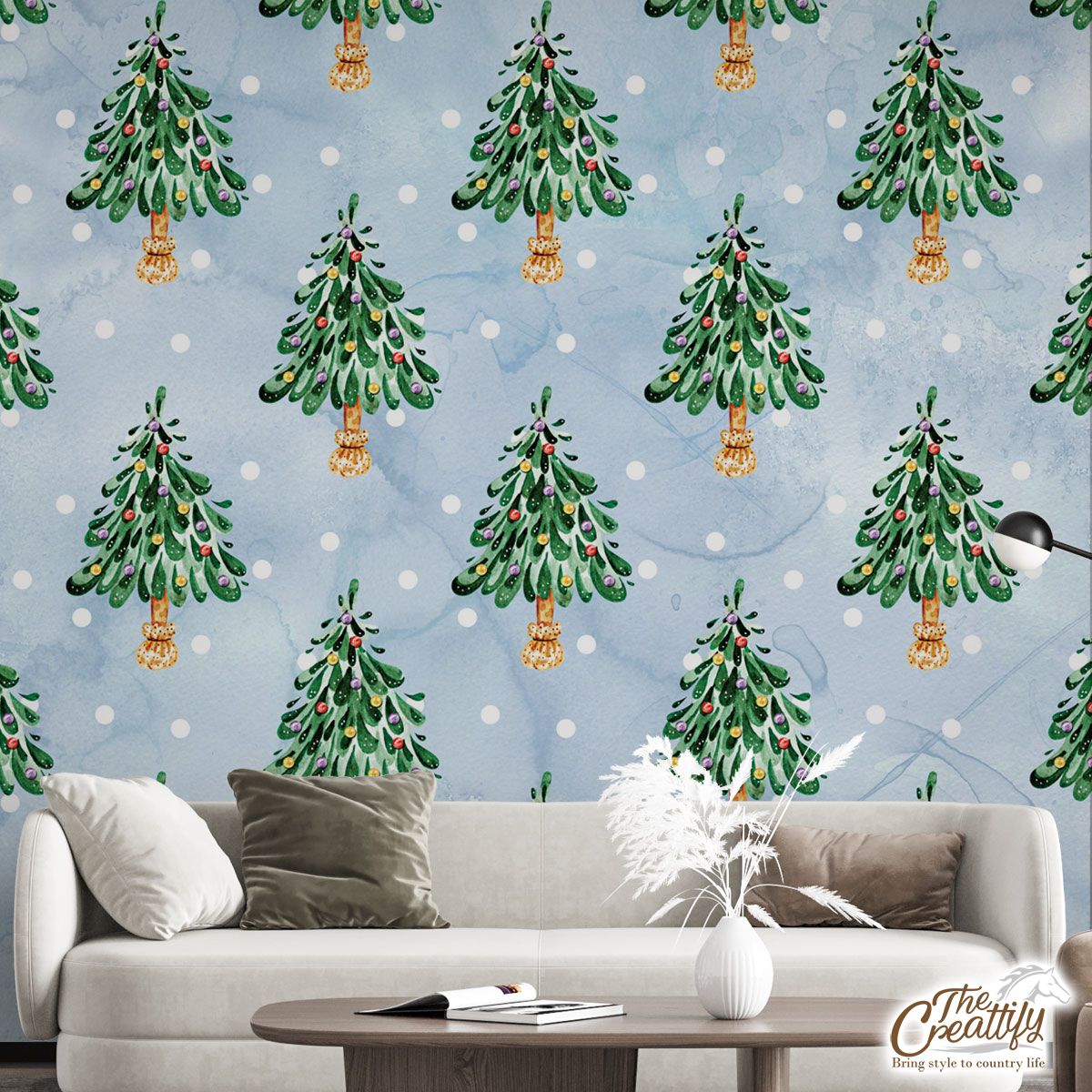 Pine Tree, Christmas Tree On Snowflake Background Wall Mural