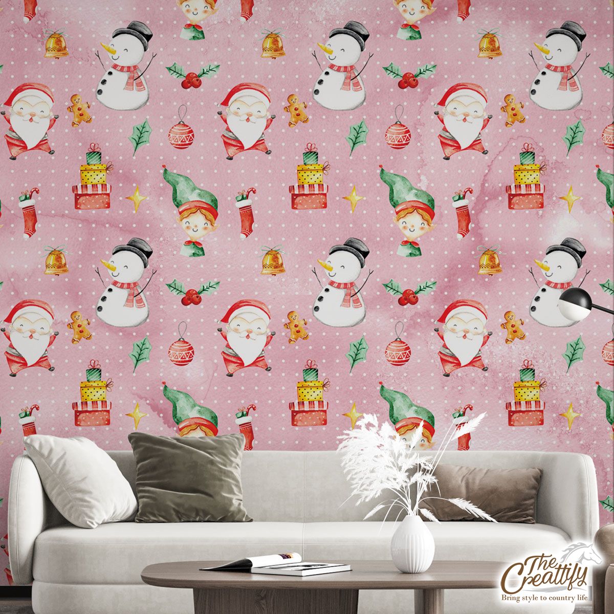 Santa Clause, Snowman And Christmas Elf With Christmas Gifts Wall Mural