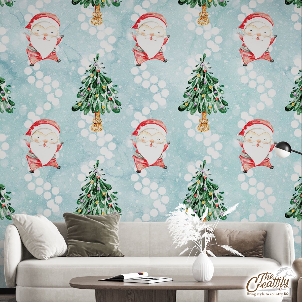Santa Clause And Christmas Tree On Snowflake Background Wall Mural
